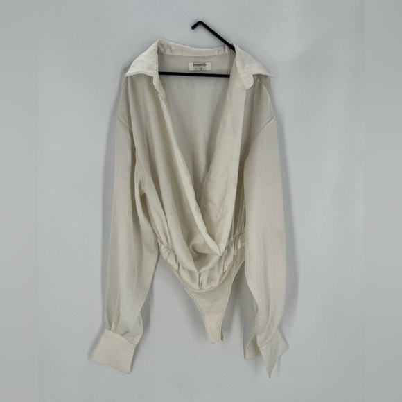 House Of Cb Rhea Ivory Satin Cowl Front Draped Bodysuit - Picture 2 of 10